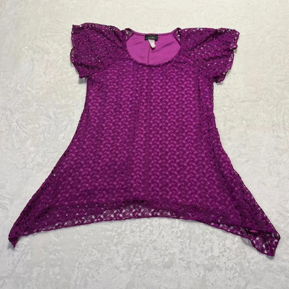 BRITTANY BLACK Lace Overlay Fairycore Flutter Sleeve Blouse Womens Sm Magenta - Picture 3 of 9